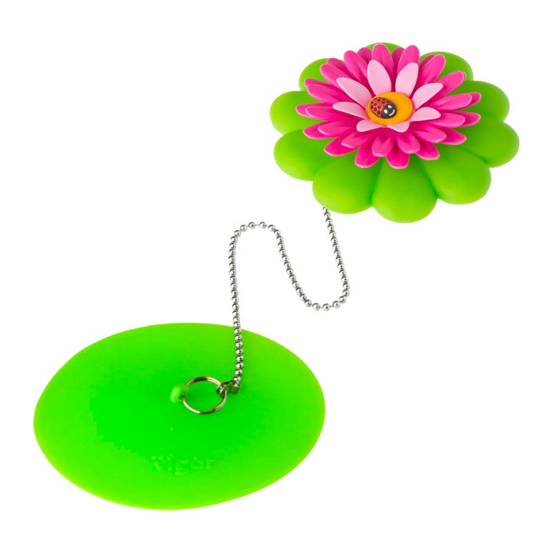 Vigar Flower Power Bathtub Drain Stopper, Tub Stopper with Chain and Daisy-shaped Floaty, 4-1/10 Inches, Perfect Bathroom Accessories, Pink, Green - Image 1